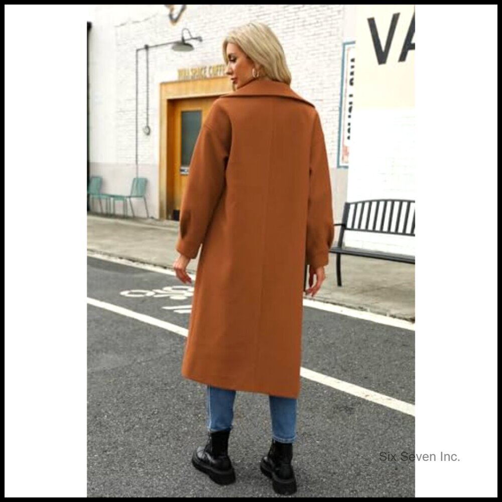 Long Wool Blend Pea Coat with Notched Lapel Collar Double Breasted - Picture 3 of 7